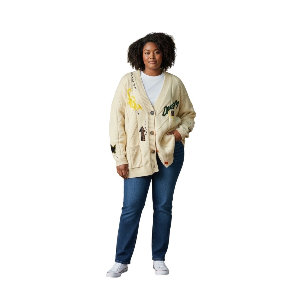 Ebossy Women XL Cream Knit Cardigan Sweater‎ Dream Graphic Patchwork Oversized